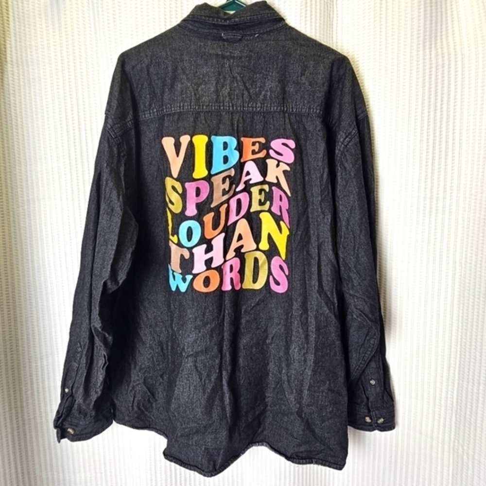 2XL Vibes Speak‎ Louder Than Words Denim Shirt Festival Layer Grunge Baggy Punk